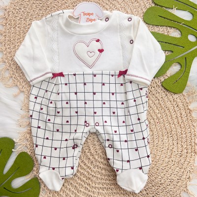 Macacão Malha Trape Zape - Coração e Mini Ursos - Off White e Vermelho